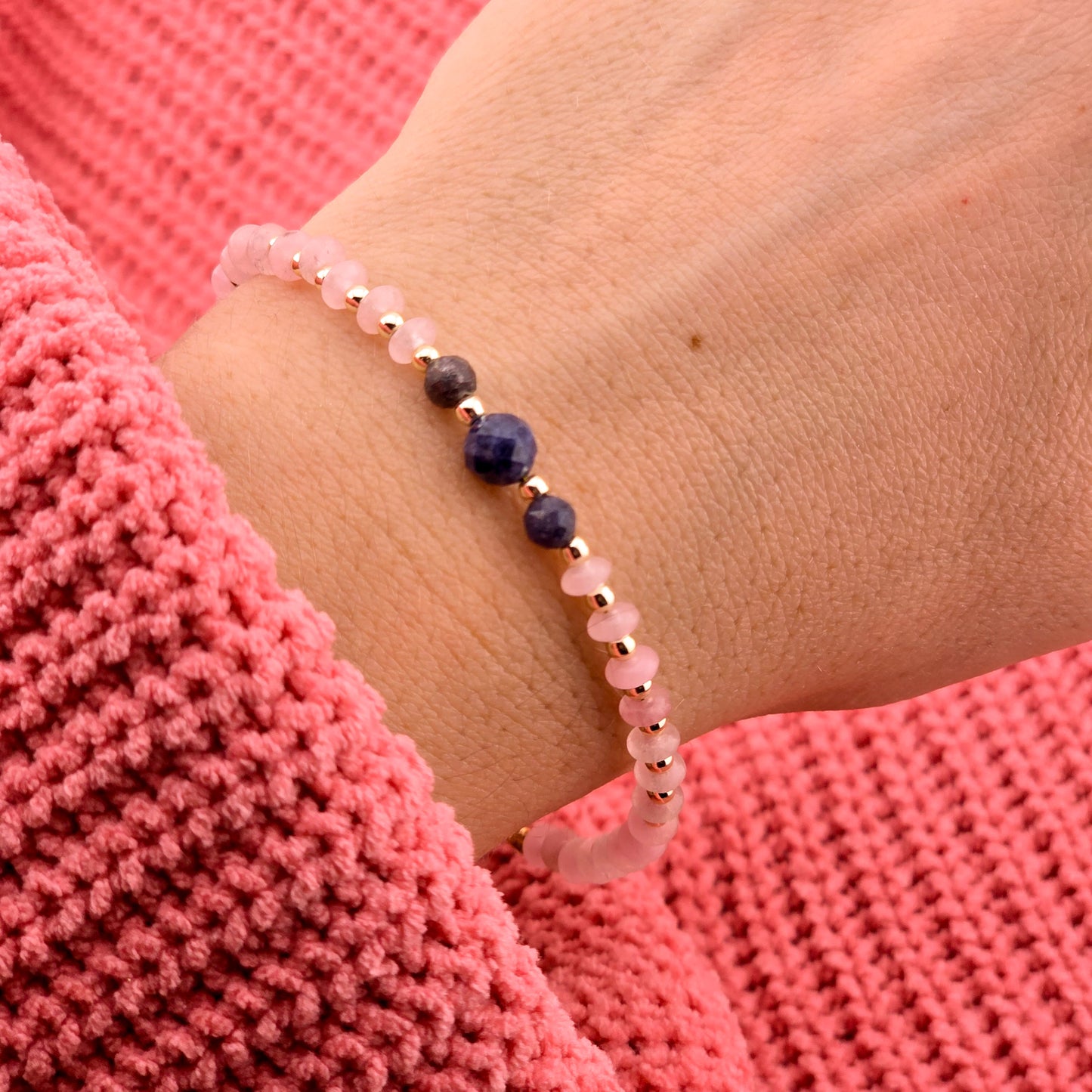 MIŁOŚĆ - kwarc różowy i szafir -  bransoletka z kamieni naturalnych na żyłce