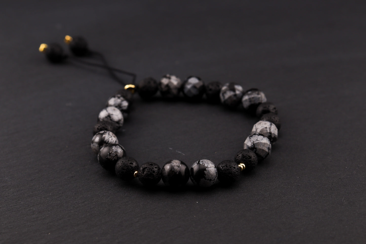 OBSYDIAN ŚNIEŻNY Z KAMIENIEM WULKANICZNYM - BRANSOLETKA MĘSKA