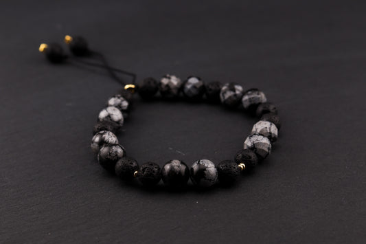 OBSYDIAN ŚNIEŻNY Z KAMIENIEM WULKANICZNYM - BRANSOLETKA MĘSKA