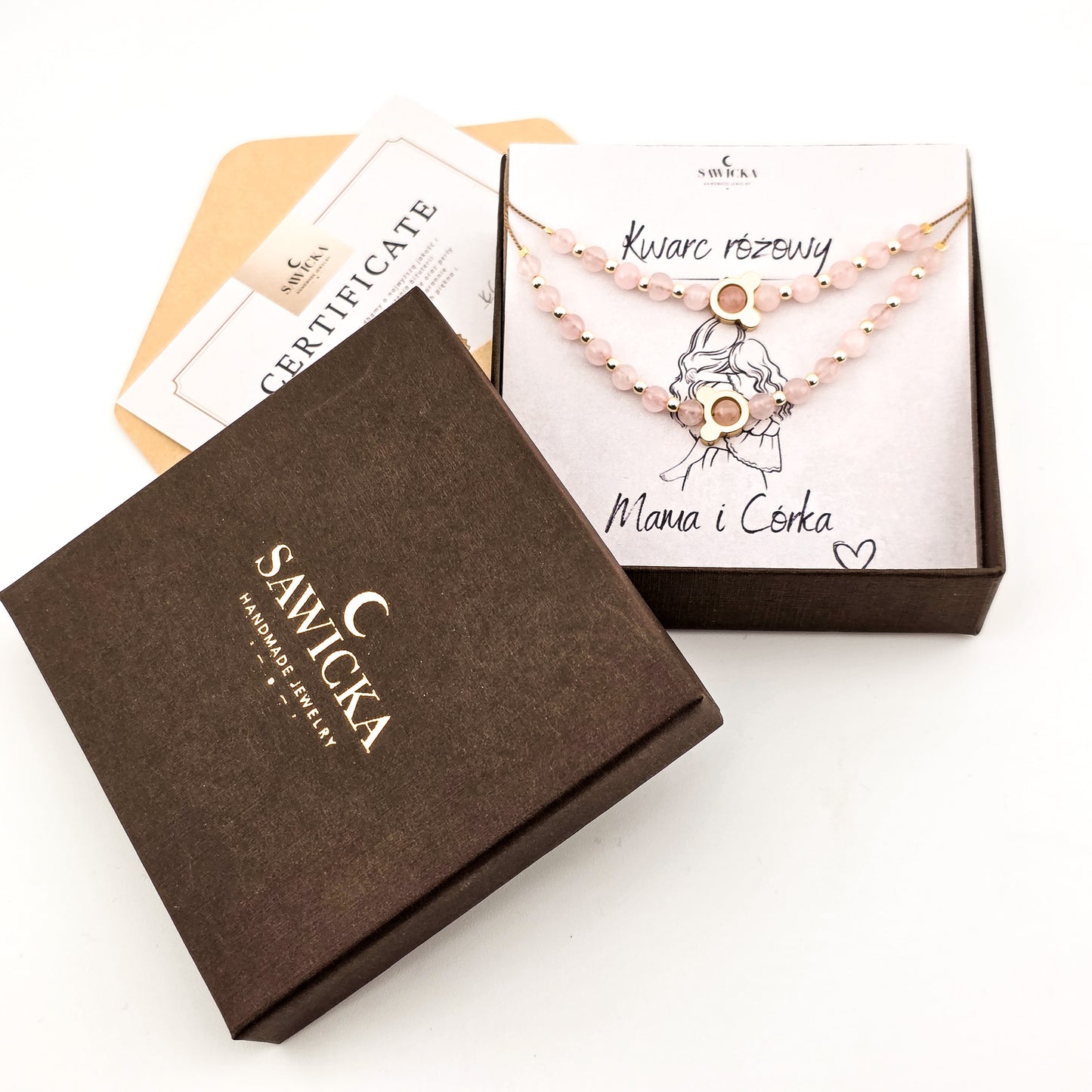 Mama i Córka - bransoletka z misiem / myszką Miki - kwarc różowy - zestaw dla mamy i córki