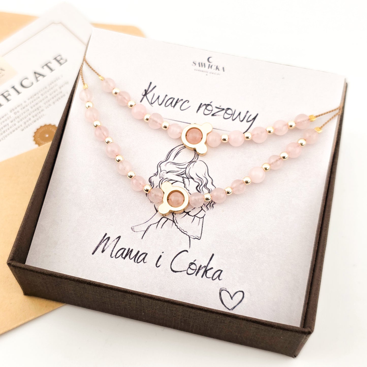 Mama i Córka - bransoletka z misiem / myszką Miki - kwarc różowy - zestaw dla mamy i córki