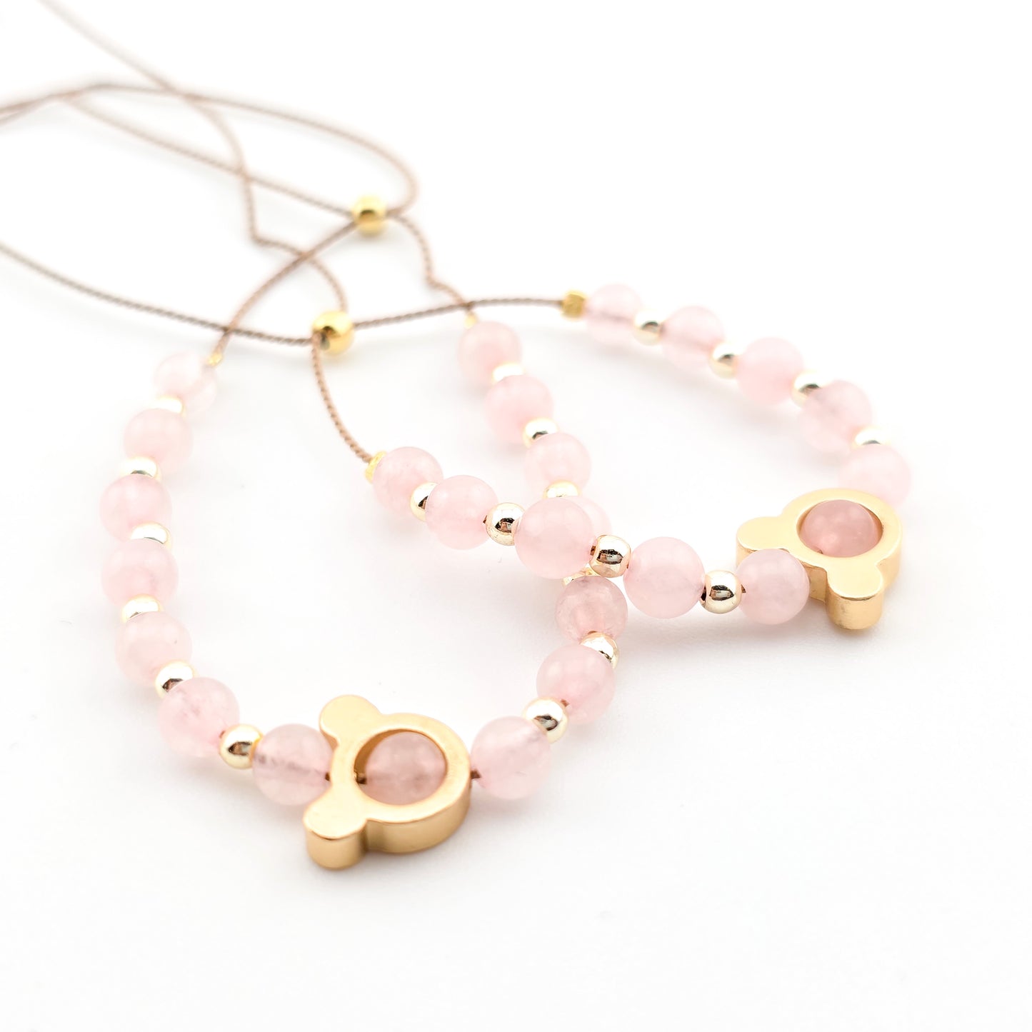 Mama i Córka - bransoletka z misiem / myszką Miki - kwarc różowy - zestaw dla mamy i córki