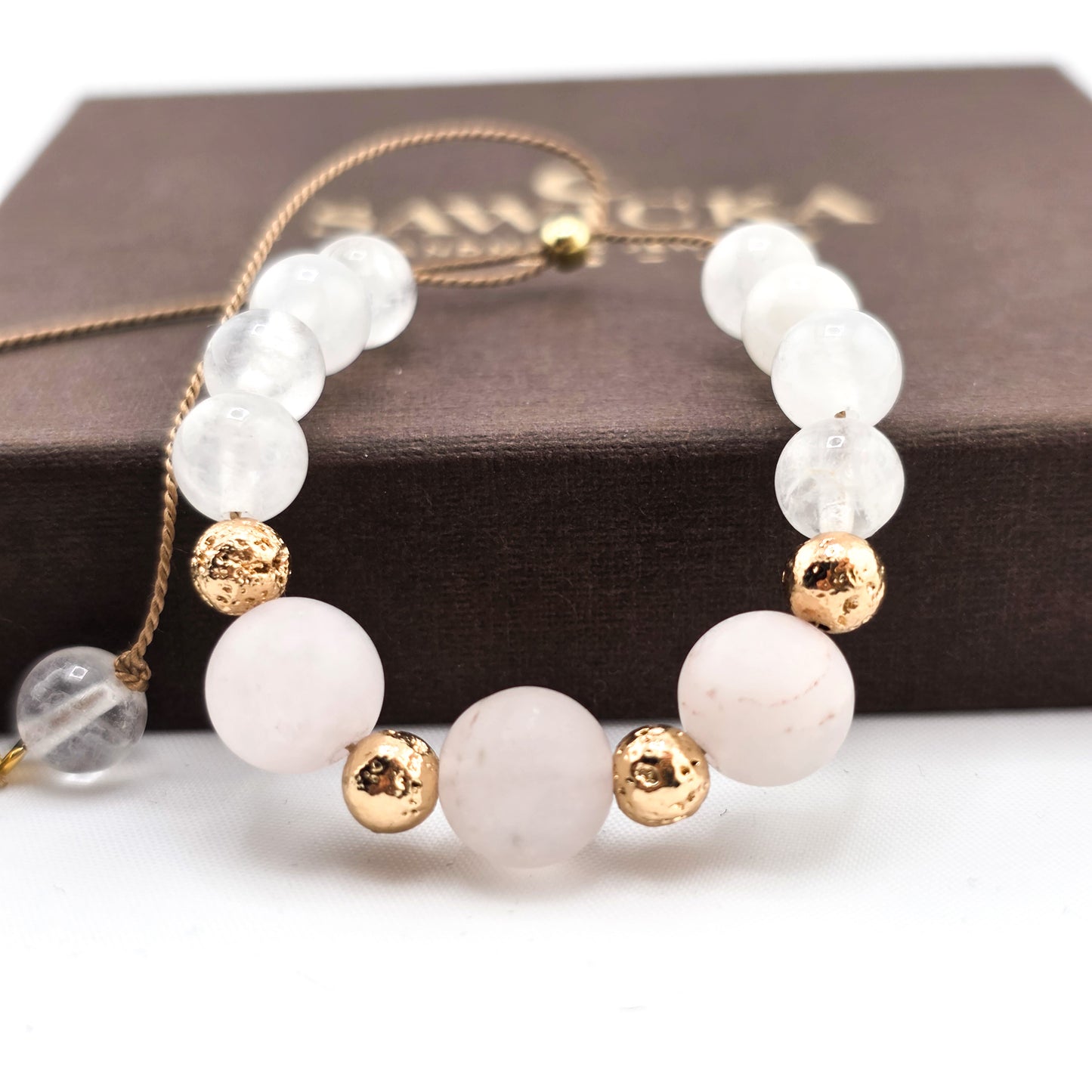 KLUCZ DO MEDYTACJI - Bransoletka talizman z  kryształem górskim i kwarcem różowym