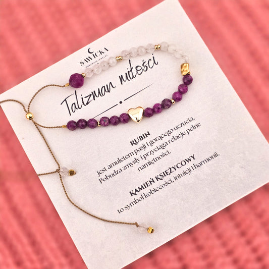 TALIZMAN MIŁOŚĆI - BRANSOLEKA Z RUBINEM I KAMIENIEM KSIĘŻYCOWYM