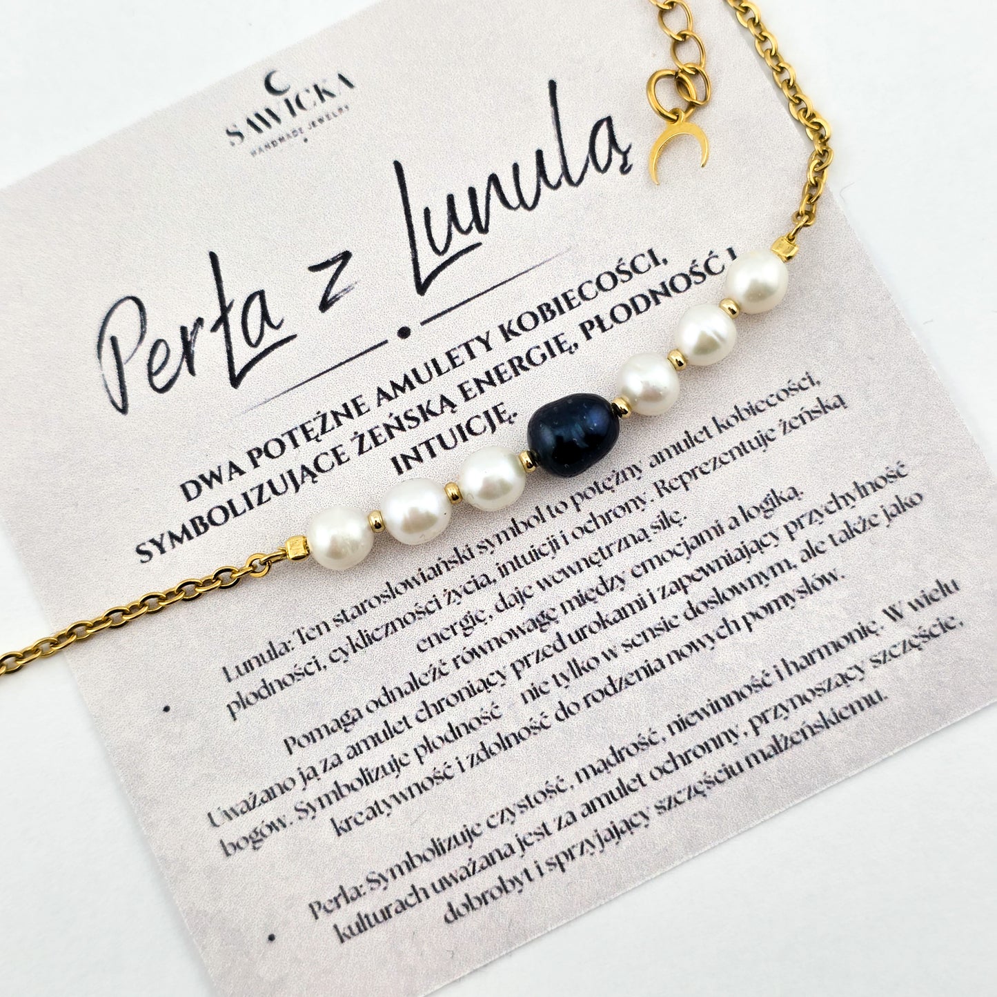 Bransoletka z Czarną  Białą perłą na łańcuszku