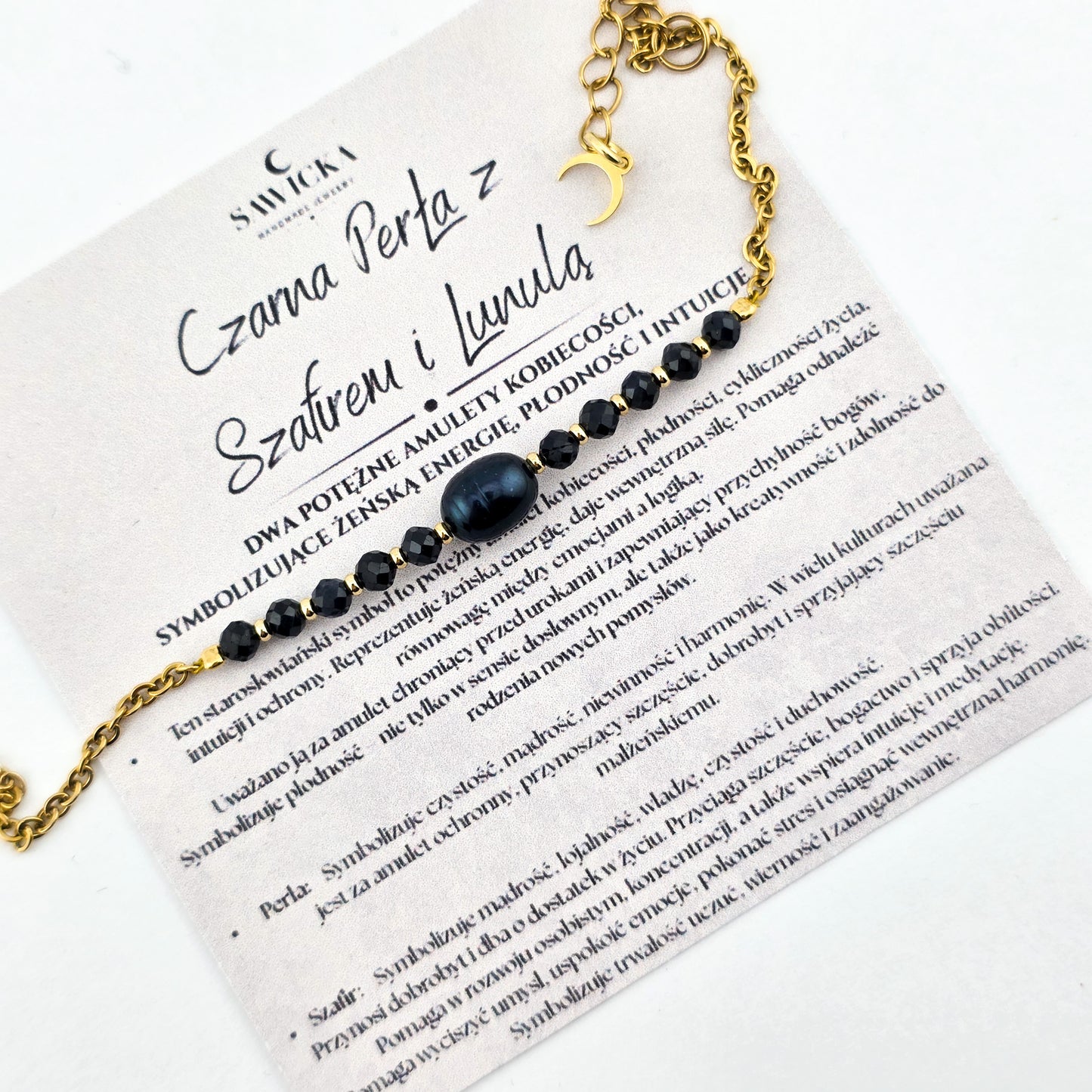 Czarna perła z szafirem - Bransoletka na łańcuszku