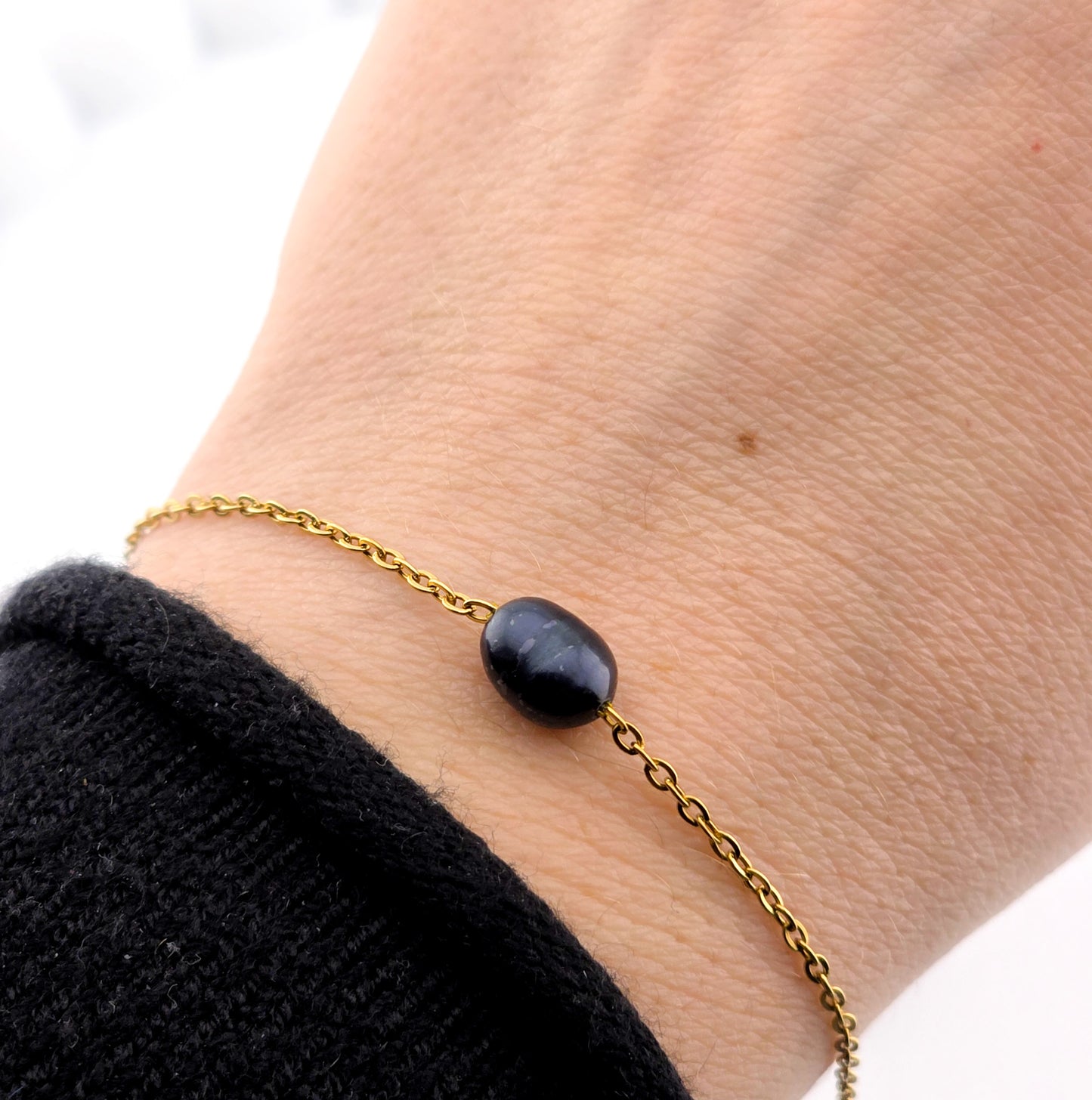 Czarna perła na łańcuszku - Bransoletka z perłą naturalną
