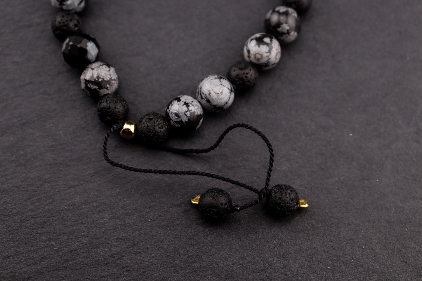 OBSYDIAN ŚNIEŻNY Z KAMIENIEM WULKANICZNYM - BRANSOLETKA MĘSKA