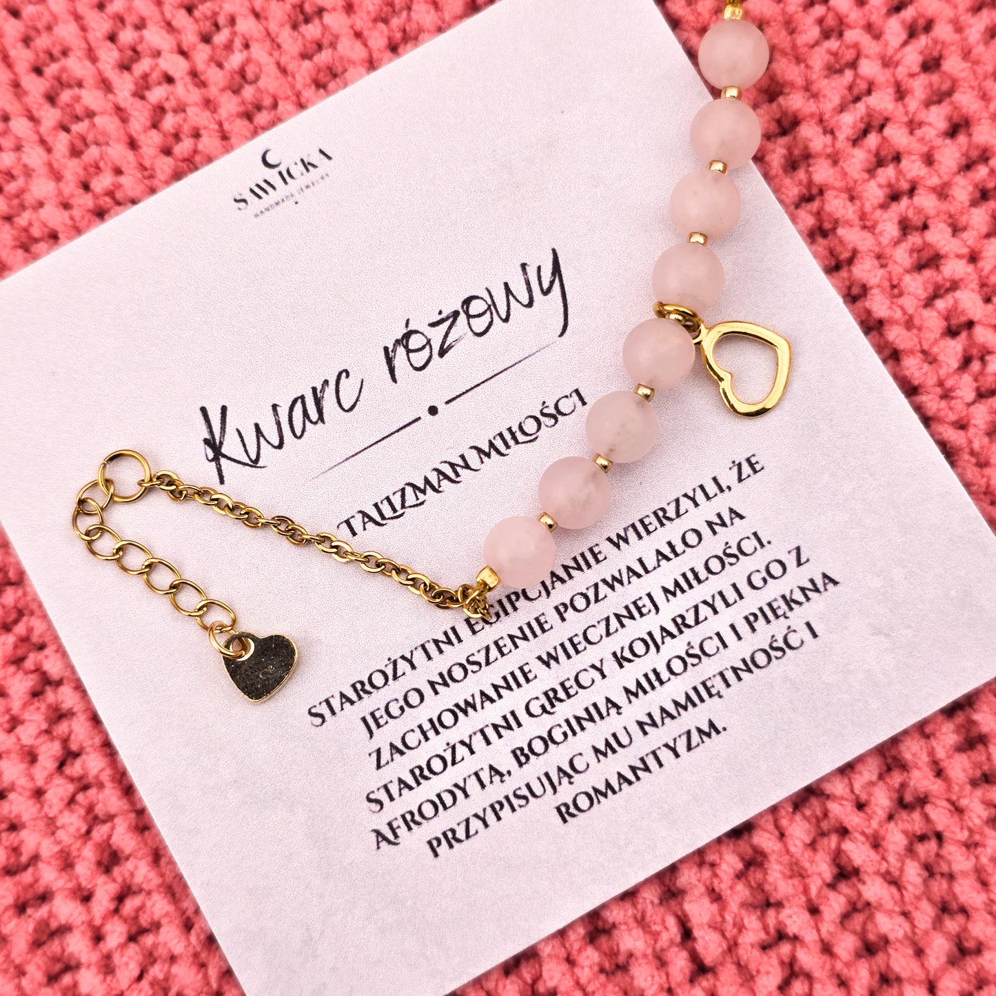 TALIZMAN MIŁOŚCI - bransoletka z kwarcem różowym i zawieszką serce - na łańcuszku