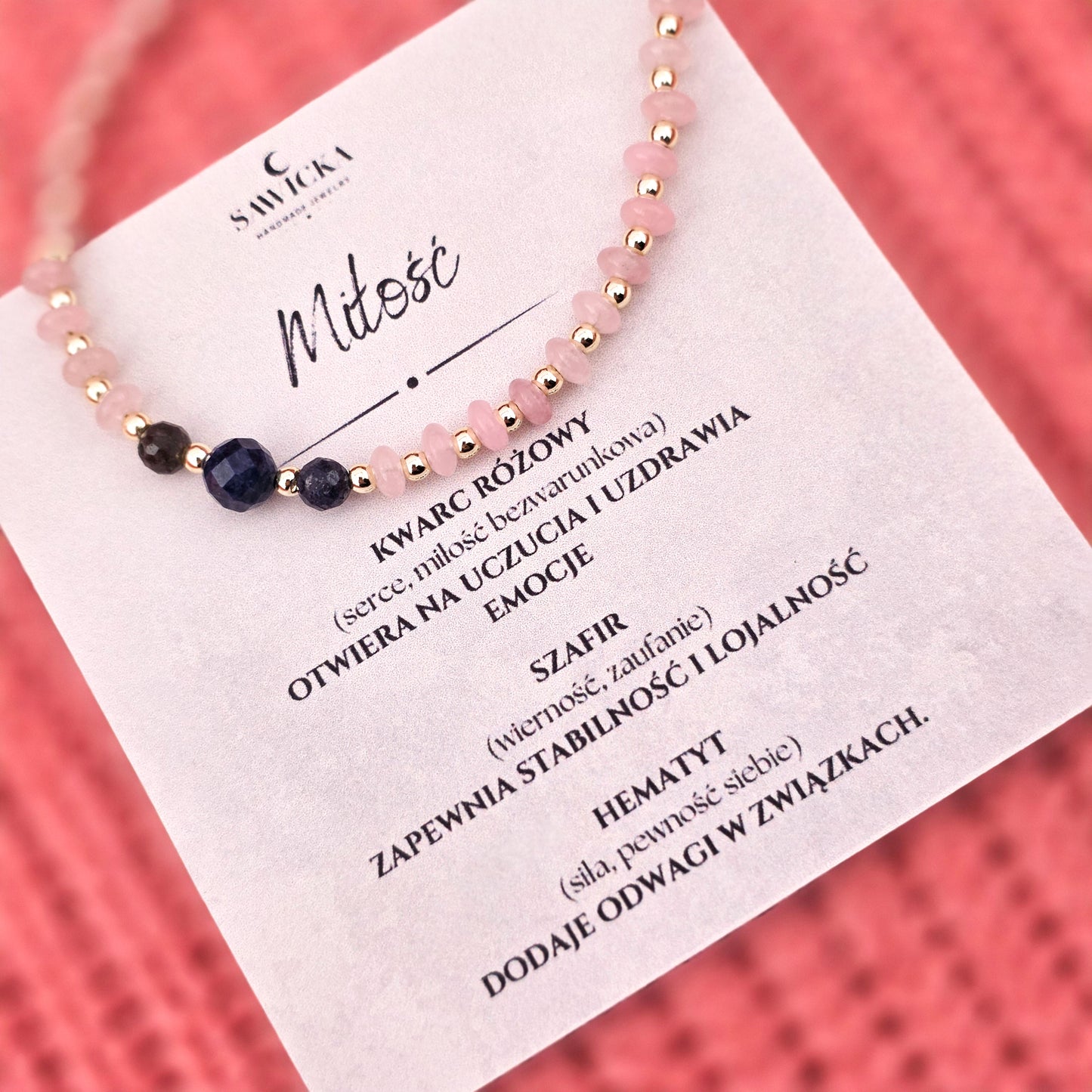 MIŁOŚĆ - kwarc różowy i szafir -  bransoletka z kamieni naturalnych na żyłce