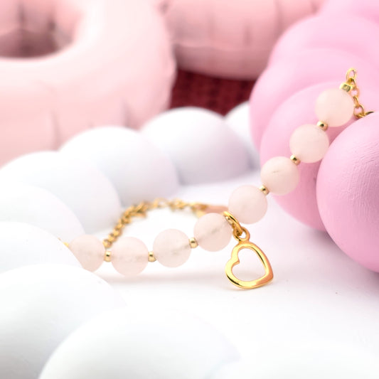 TALIZMAN MIŁOŚCI - bransoletka z kwarcem różowym i zawieszką serce - na łańcuszku