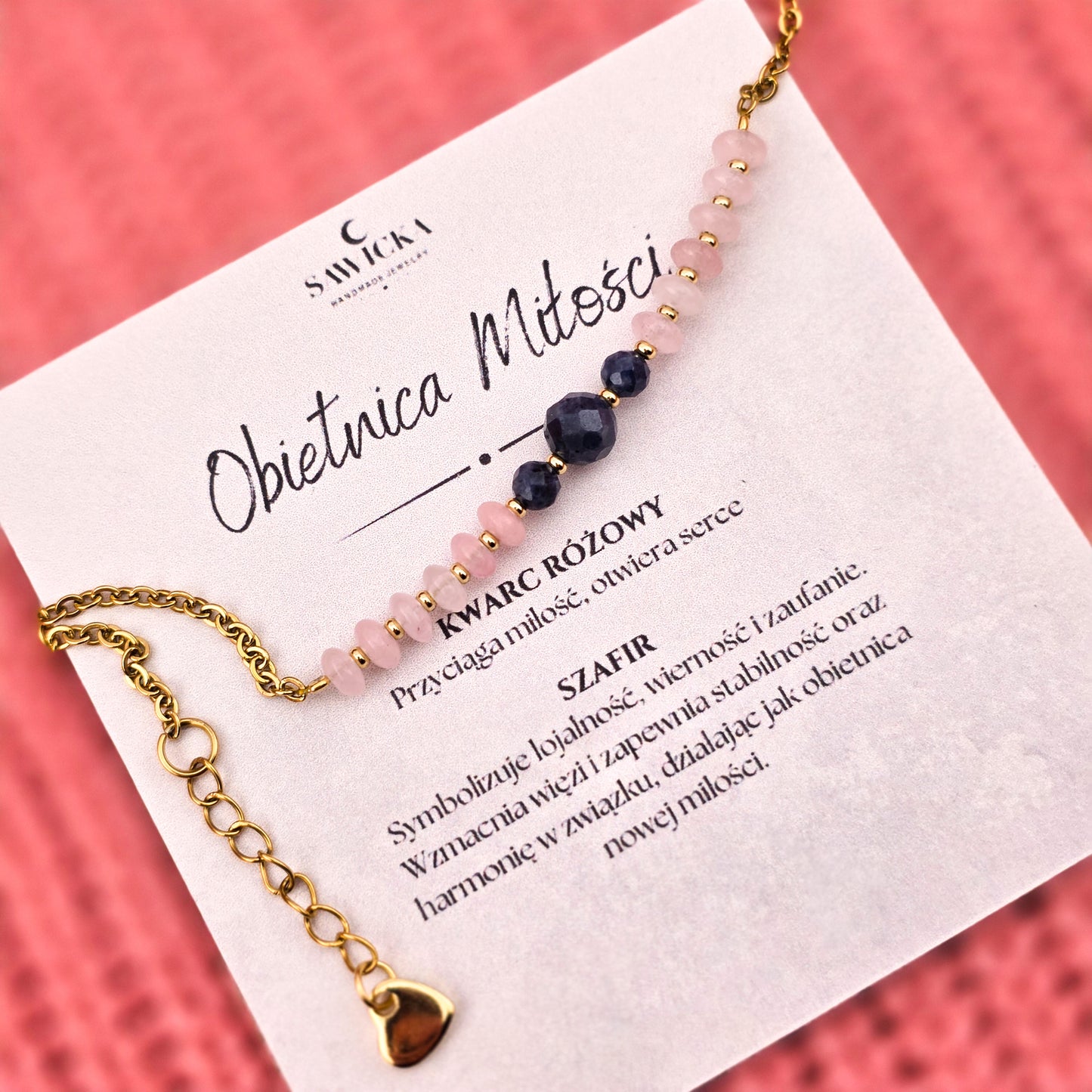 Obietnica miłości - bransoletka z szafirem i kwarcem różowym na łańcuszku