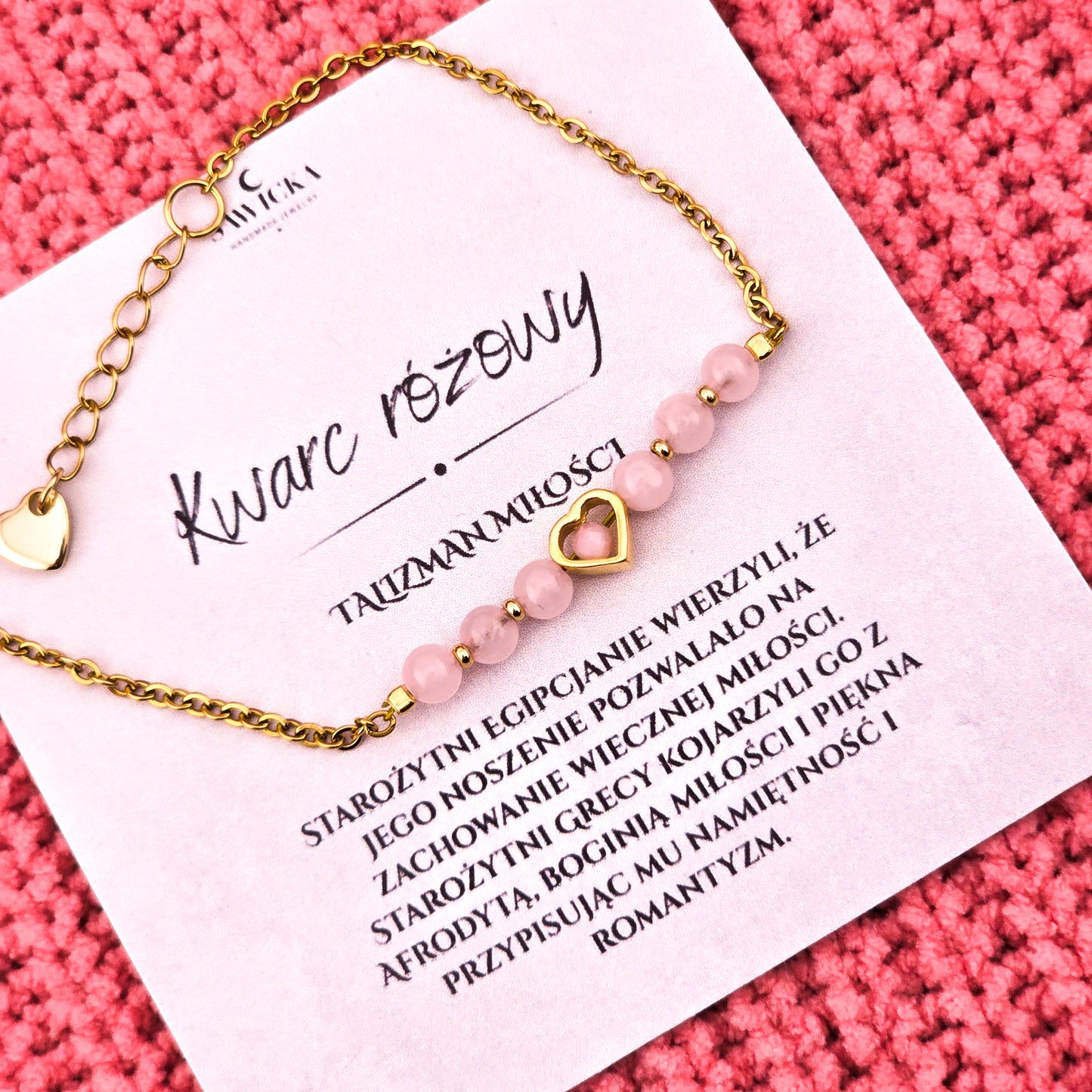 TALIZMAN MIŁOŚCI - bransoletka z kwarcem różowym i sercem - na łańcuszku