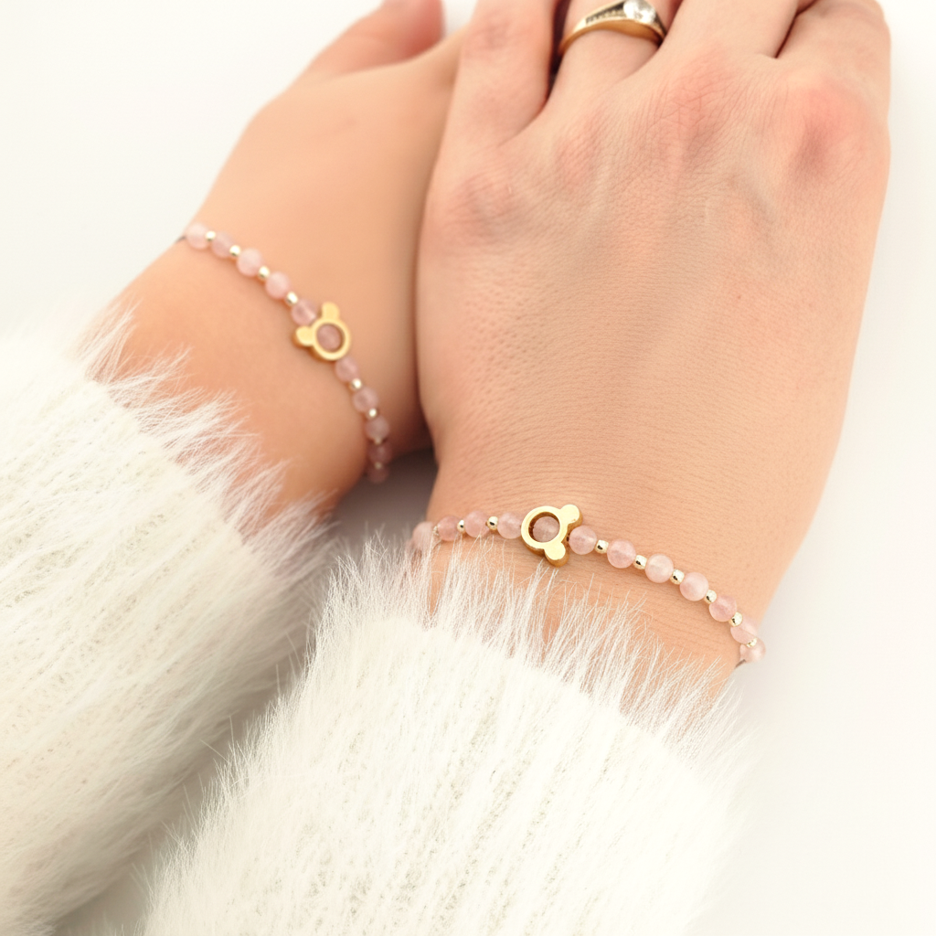 Mama i Córka - bransoletka z misiem / myszką Miki - kwarc różowy - zestaw dla mamy i córki